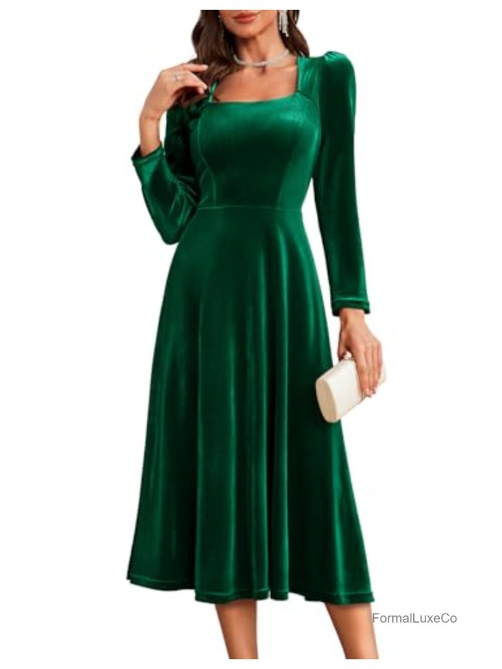 Women's Velvet Formal Dress Long Sleeve Wedding Guest Cocktail Midi